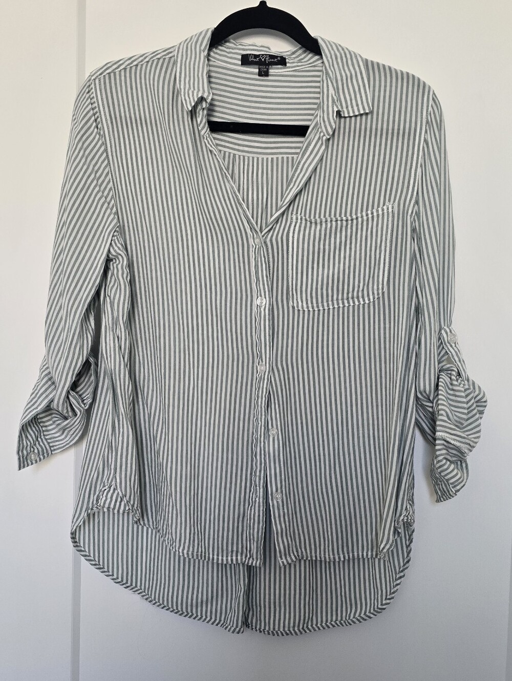 🎰Summer Green and White Striped Button-Down Shirt With Roll Sleeve Tabs